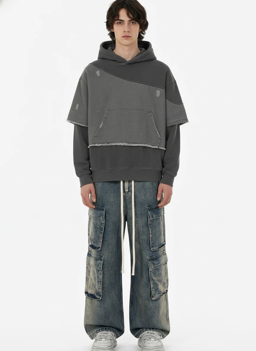 Distressed Patchwork Raw-Hem Hoodie-Hoodies-Grimstrike