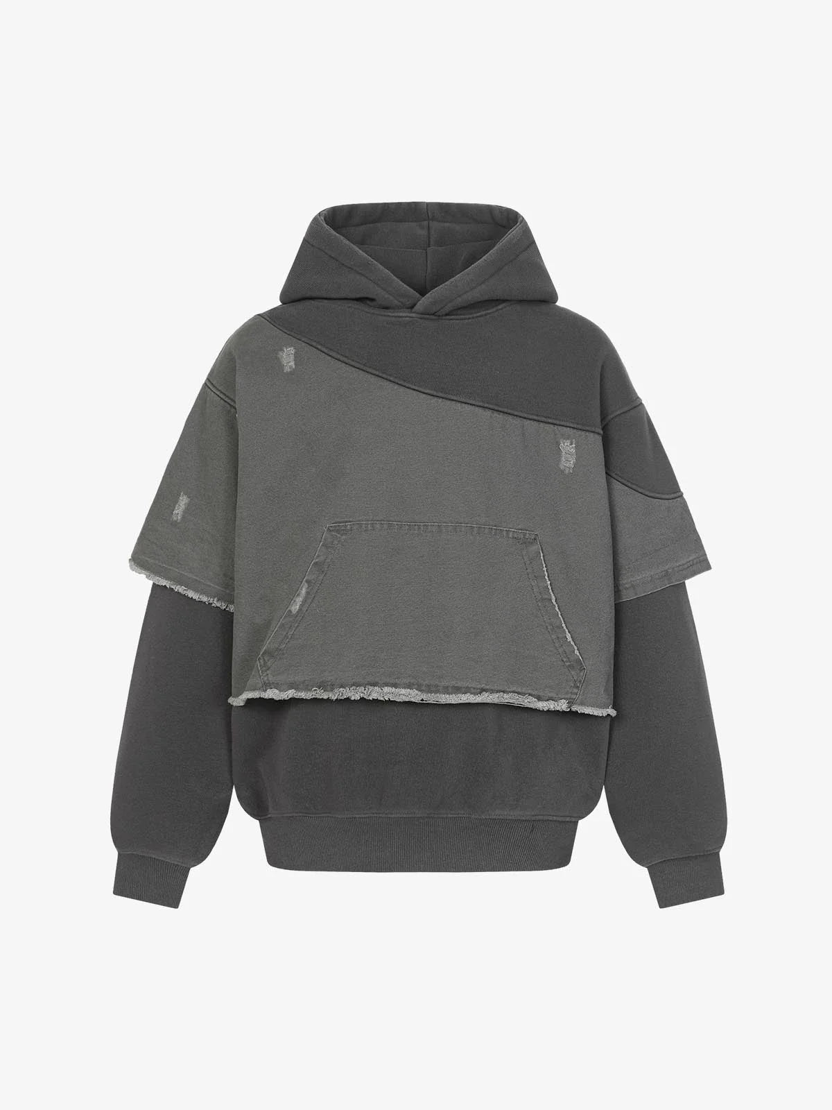 Distressed Patchwork Raw-Hem Hoodie-Hoodies-Grimstrike