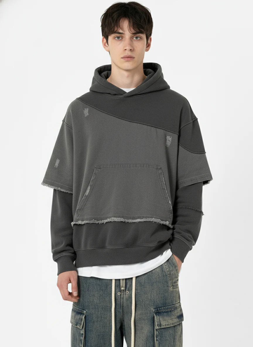 Distressed Patchwork Raw-Hem Hoodie-Hoodies-Grimstrike