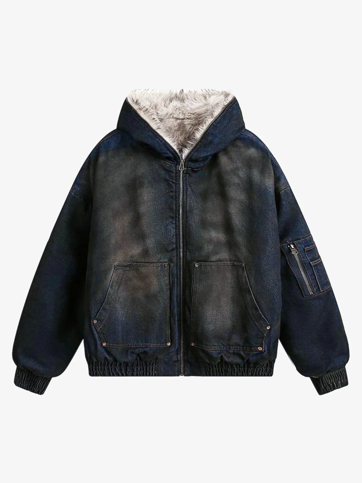 Distressed Washed Faux Fur Winter Jacket with a dark denim look, roomy hood, patch pockets, and elasticized cuffs, featuring warm faux fur lining.