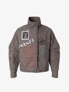 Graphic Graffiti High Neck Street Jacket with asymmetrical placket, graffiti graphics, distressed finish, high stand-up collar, and sewn-on photo patch, embodying bold streetwear style.