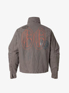 Graphic Graffiti High Neck Street Jacket features hand-drawn graphics, including red ovals, a pumpkin doodle, and a heart with faces, enhancing its streetwear attitude.