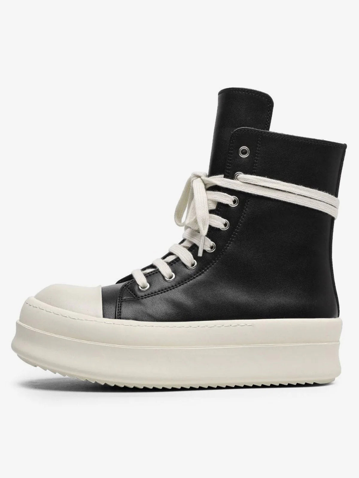 High-Top Platform Streetwear Sneakers in black leather feature a tall upper, cream laces, thick off-white sole, and a bold fashion-forward design.
