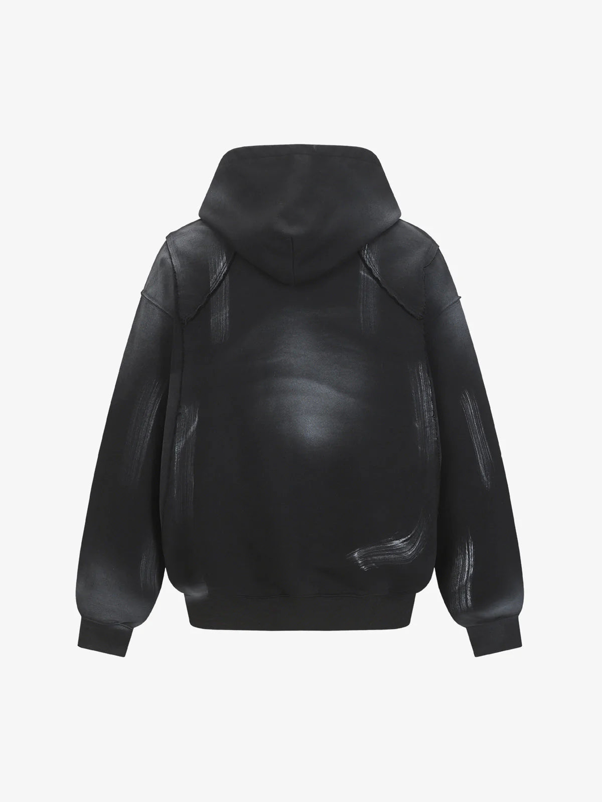 Ink Dyed Raw-Edge Streetwear Hoodie with a roomy hood, dropped shoulders, ribbed cuffs/hem, and pale-grey brushstroke effects for a bold, oversized streetwear look.
