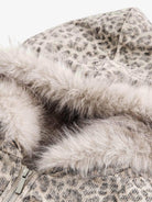Leopard Faux Fur Hooded Jacket features a bold leopard print with a plush faux-fur trim and metal zipper, offering stylish warmth and streetwear appeal.