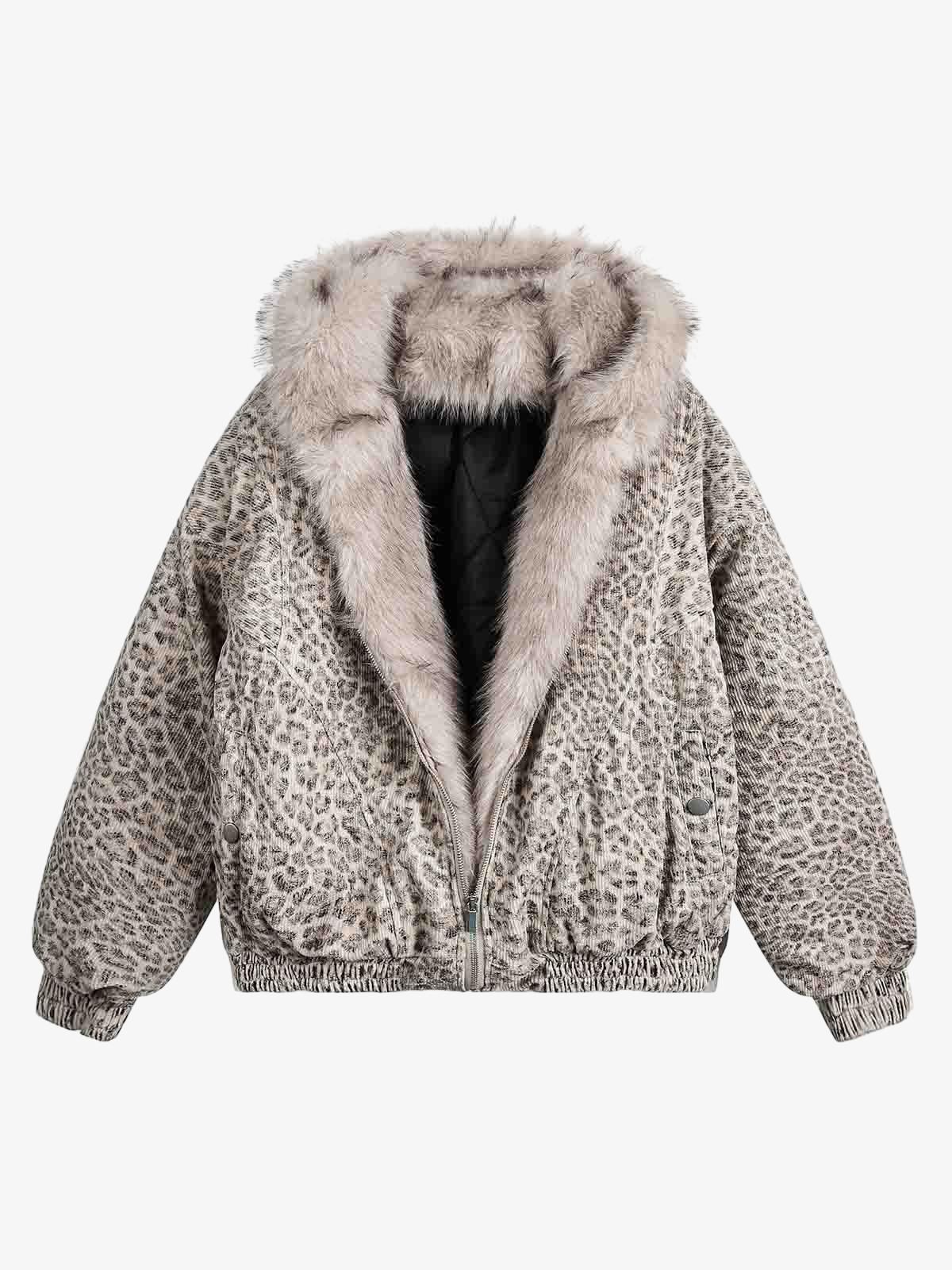 Leopard Faux Fur Hooded Jacket with a padded body, faux-fur-trimmed hood, elastic cuffs and hem, front zipper, and snap-button side pockets.