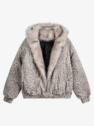Leopard Faux Fur Hooded Jacket with a padded body, faux-fur-trimmed hood, elastic cuffs and hem, front zipper, and snap-button side pockets.