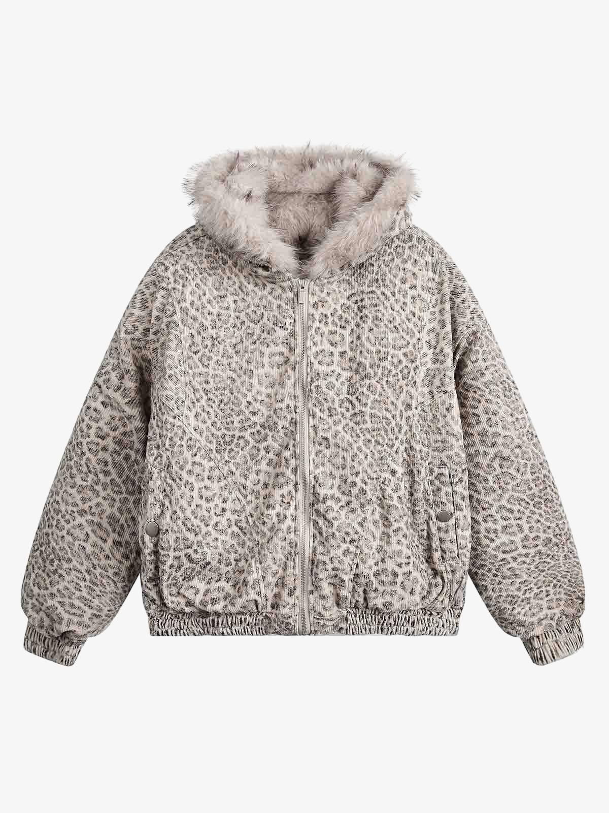 Leopard Faux Fur Hooded Jacket featuring a light gray-and-taupe leopard print, full-length zipper, elastic cuffs, side pockets, and fluffy faux fur-trimmed hood.