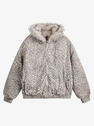 Leopard Faux Fur Hooded Jacket featuring a light gray-and-taupe leopard print, full-length zipper, elastic cuffs, side pockets, and fluffy faux fur-trimmed hood.