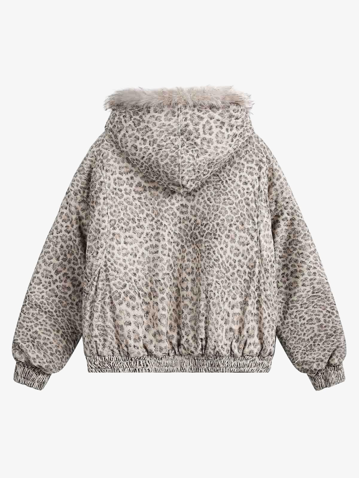 Leopard Faux Fur Hooded Jacket featuring a boxy bomber style, elastic hem, and muted grey leopard print with a faux-fur trimmed hood for bold winter streetwear.