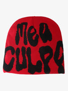 Letter Graphic Knit Hat with bold black graffiti-style letters on bright red knit. Soft, stretchy, perfect for adding personality to winter streetwear.
