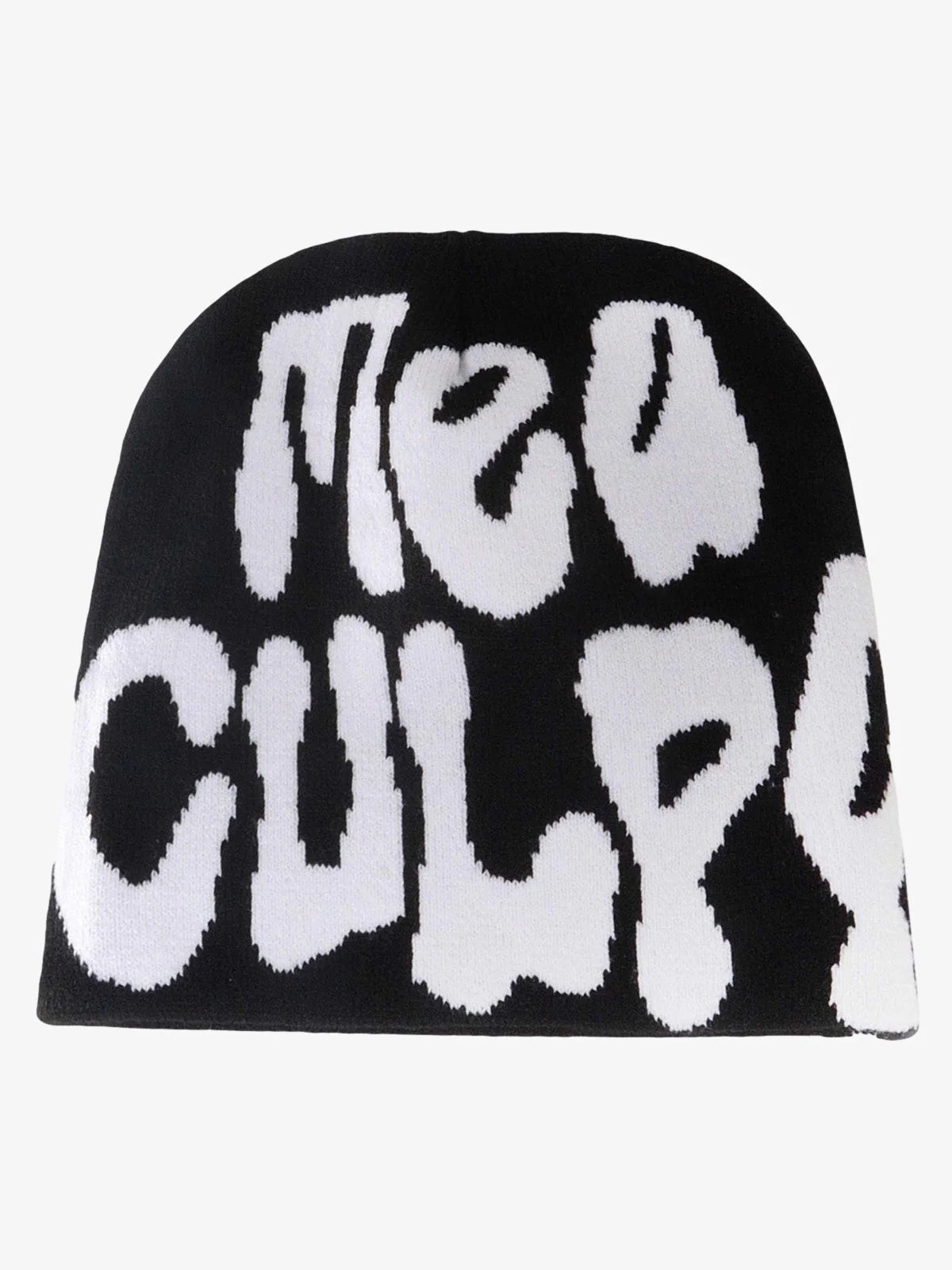 Black knit beanie with NEW CULTURE in large white letters; the Letter Graphic Knit Hat offers a bold, comfortable streetwear accessory for winter outfits.