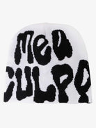 Letter Graphic Knit Hat with bold black lettering in drippy style, offering a soft knit texture and comfortable stretch fit for streetwear and winter outfits.