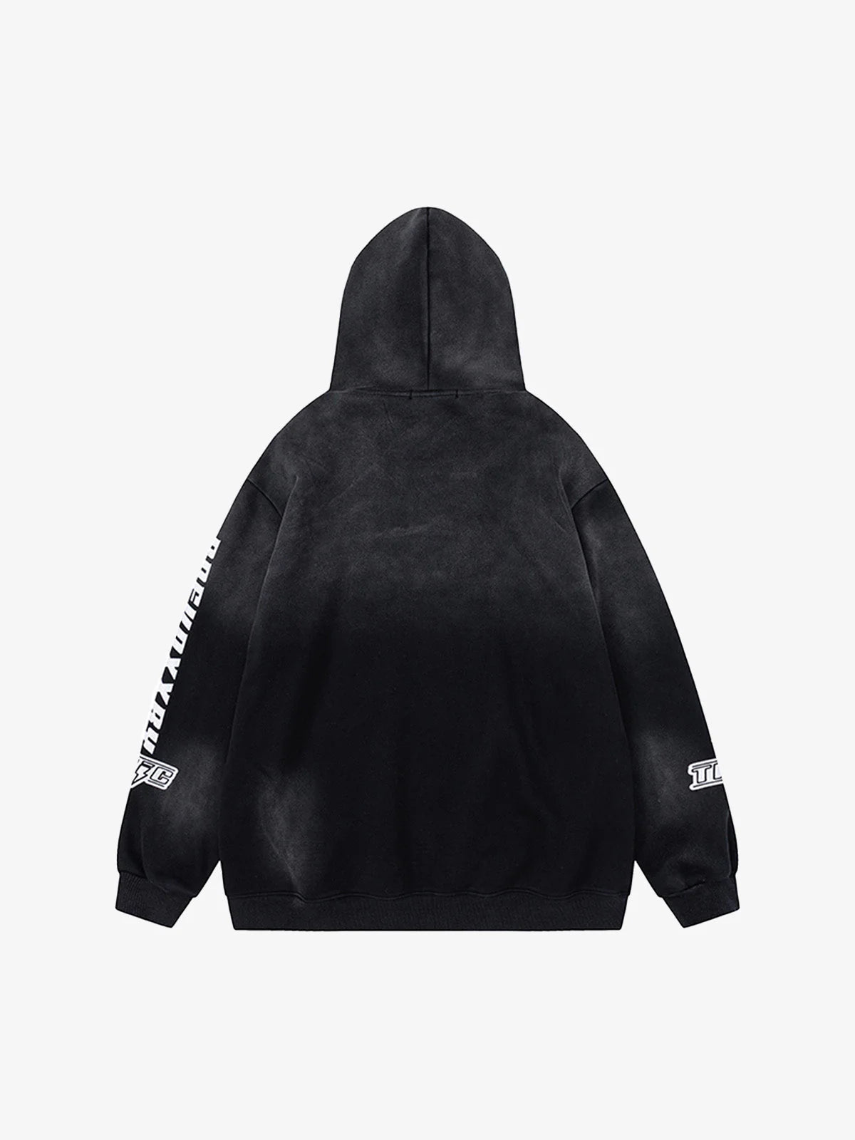 Racing Graphic Distressed Streetwear Hoodie, black with white sleeve graphics, hood, ribbed cuffs, hem, showcasing oversized racing-inspired visuals for a bold streetwear look.
