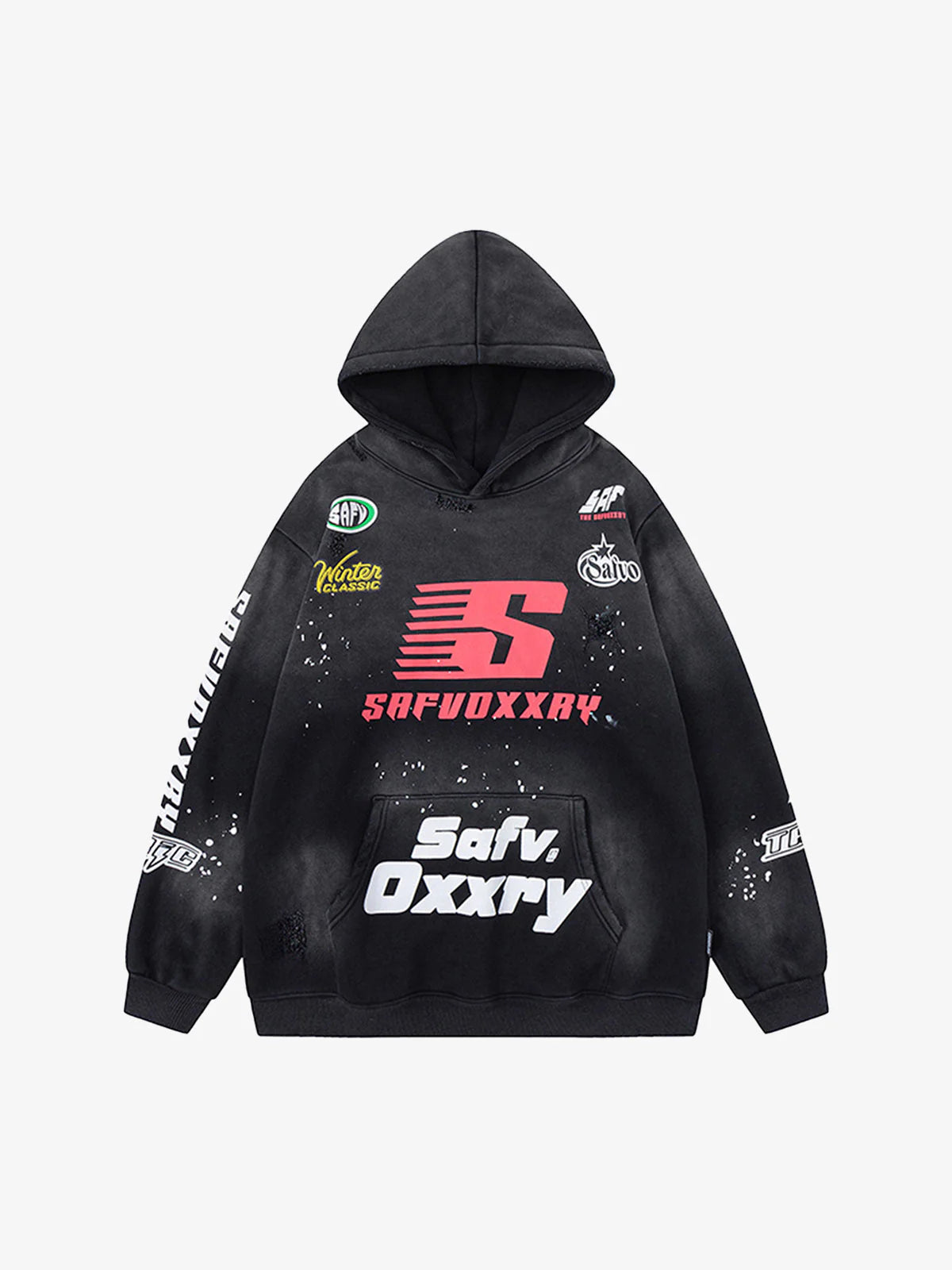 Racing Graphic Distressed Streetwear Hoodie with large red “S” logo, paint-splatter effect, and racing-inspired graphics and patches on sleeves and chest.