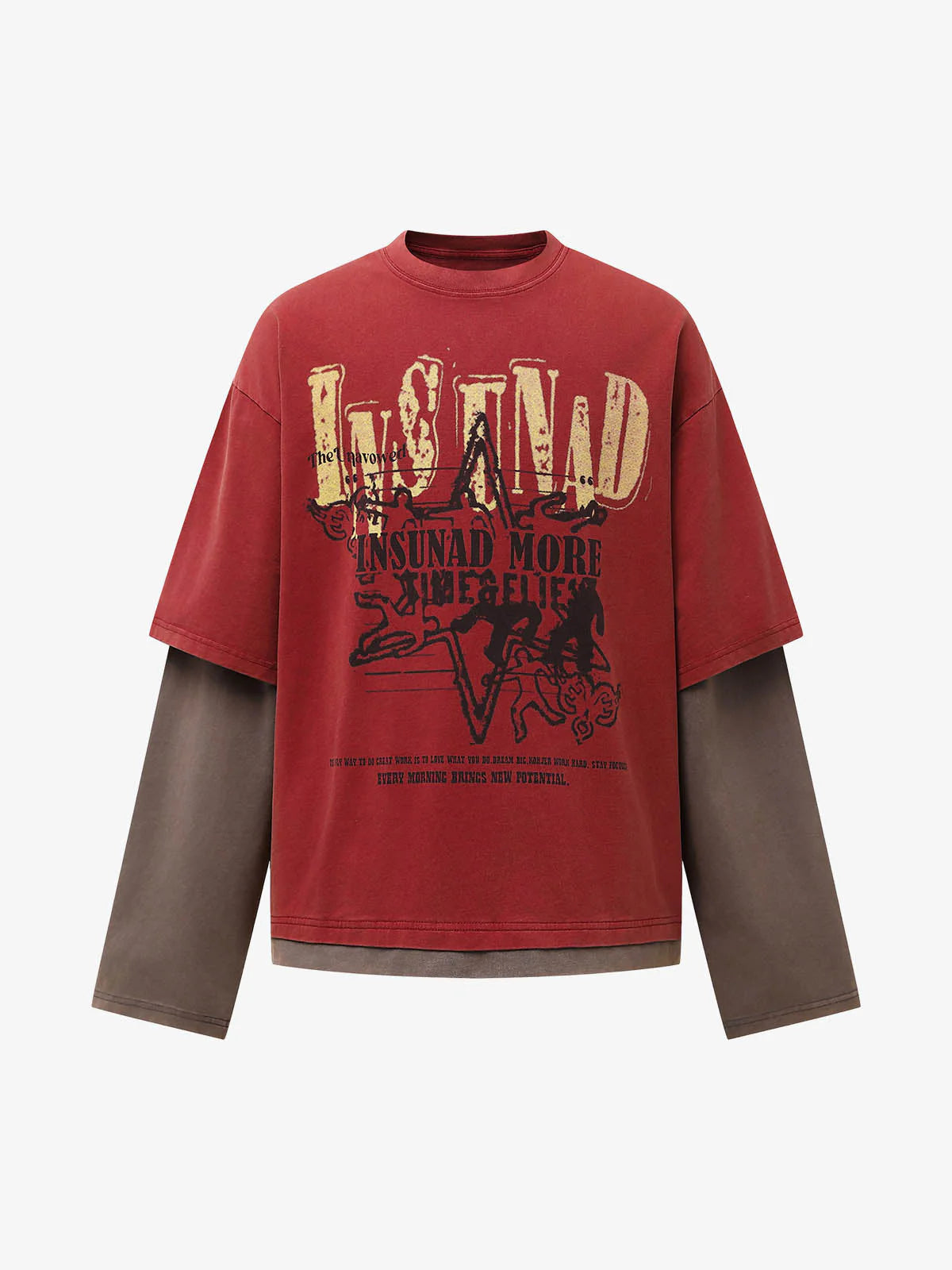 Retro Graphic Layered Streetwear T-Shirt featuring a washed-red short-sleeve over brown long-sleeve, with distressed LWAND lettering and star graphic for a vintage streetwear look.