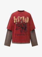 Retro Graphic Layered Streetwear T-Shirt featuring a washed-red short-sleeve over brown long-sleeve, with distressed LWAND lettering and star graphic for a vintage streetwear look.