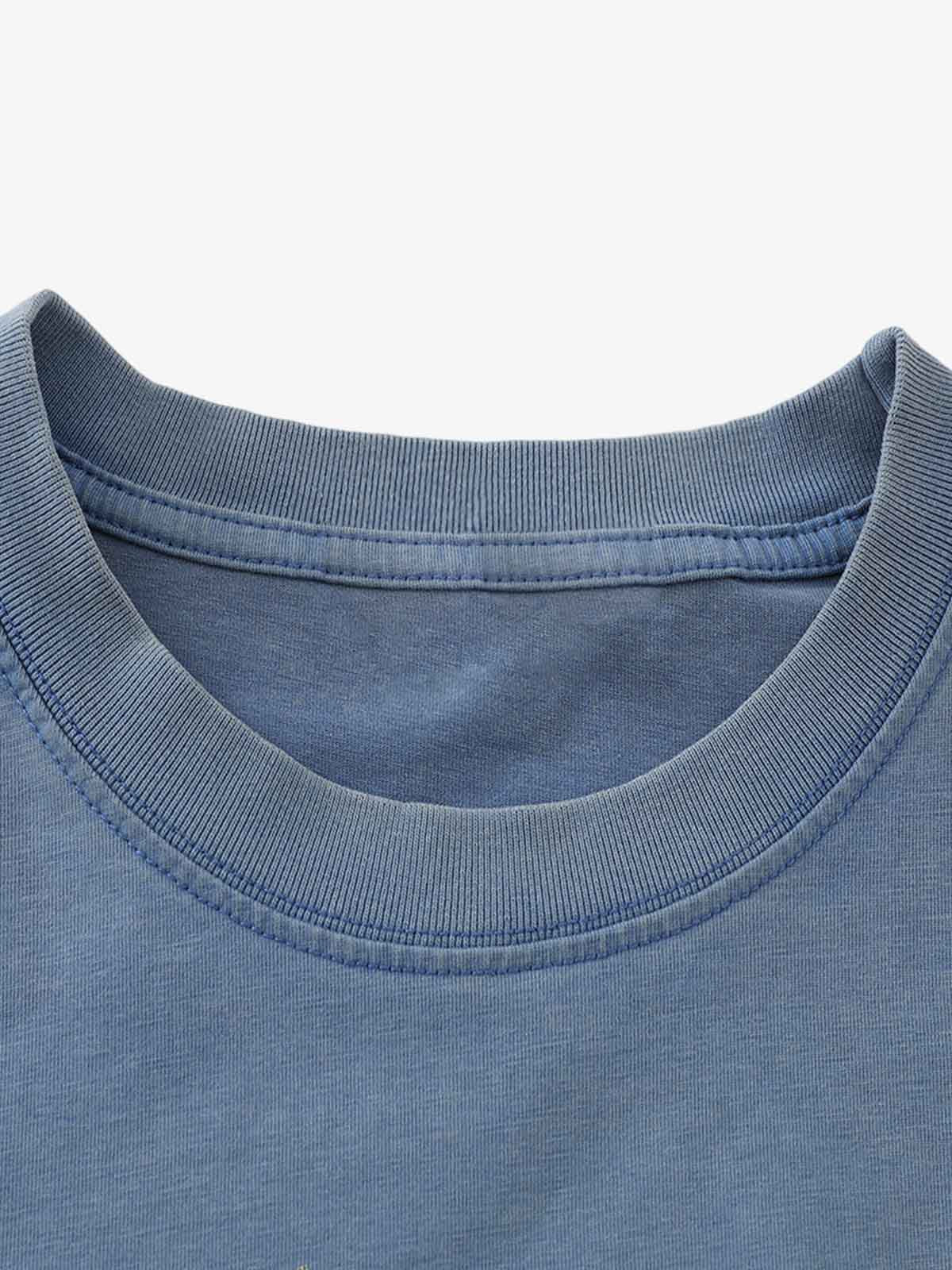 Close-up of Retro Graphic Layered Streetwear T-Shirt's ribbed neckline, showcasing stitching details, highlighting the layered design and vintage streetwear aesthetic.
