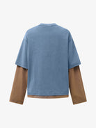 Retro Graphic Layered Streetwear T-Shirt with a sky-blue short-sleeve and brown long sleeves, creating a seamless two-layer effect for a bold streetwear look.