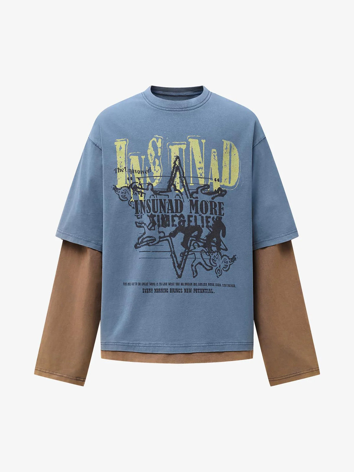 Retro Graphic Layered Streetwear T-Shirt with a faded denim-blue outer layer and earth-brown peeking sleeves, featuring distressed front graphics and stylized lettering.