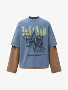 Retro Graphic Layered Streetwear T-Shirt with a faded denim-blue outer layer and earth-brown peeking sleeves, featuring distressed front graphics and stylized lettering.
