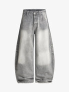 Retro Washed Grey Baggy Jeans featuring a faded gray wash, wide-leg silhouette, high waist, button-and-zip fly, and slanted front pockets, exuding vintage streetwear vibes.