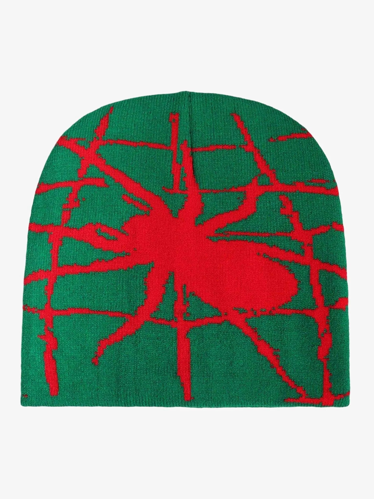Spider Web Graphic Knit Hat with a bold, red spider-web design on a loose grid, perfect for adding an alt-street touch to winter outfits.