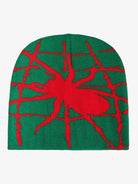 Spider Web Graphic Knit Hat with a bold, red spider-web design on a loose grid, perfect for adding an alt-street touch to winter outfits.