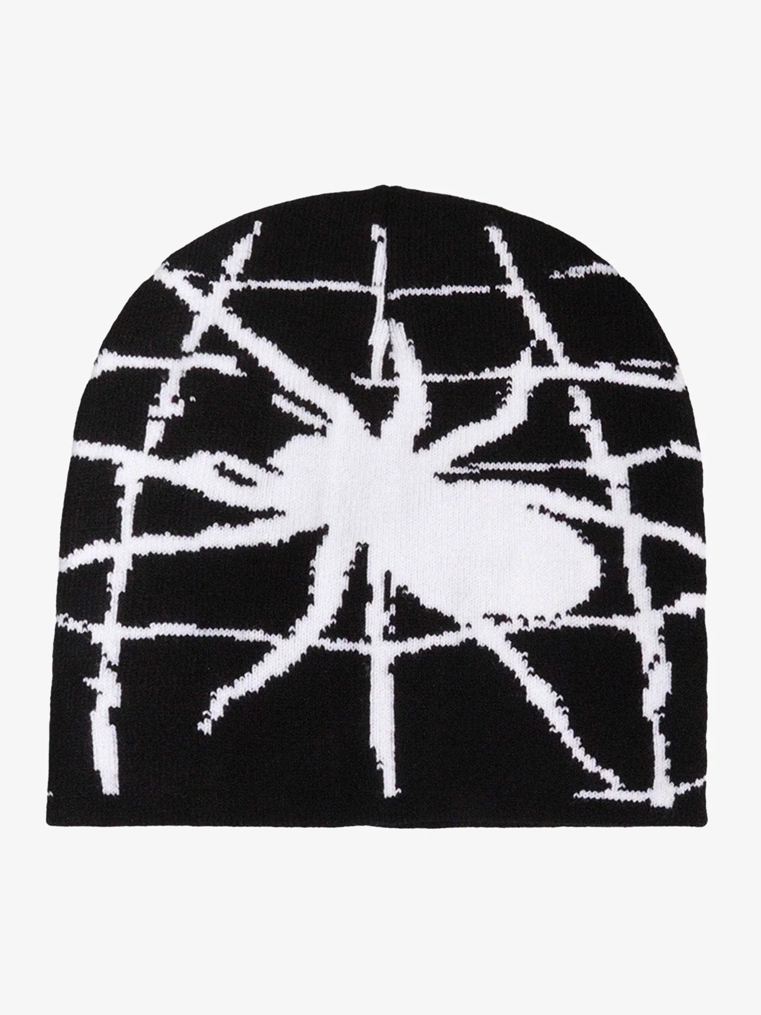 Spider Web Graphic Knit Hat featuring a bold spider silhouette on a web-like pattern; soft knit for comfortable, stylish streetwear perfect for Y2K and grunge aesthetics.