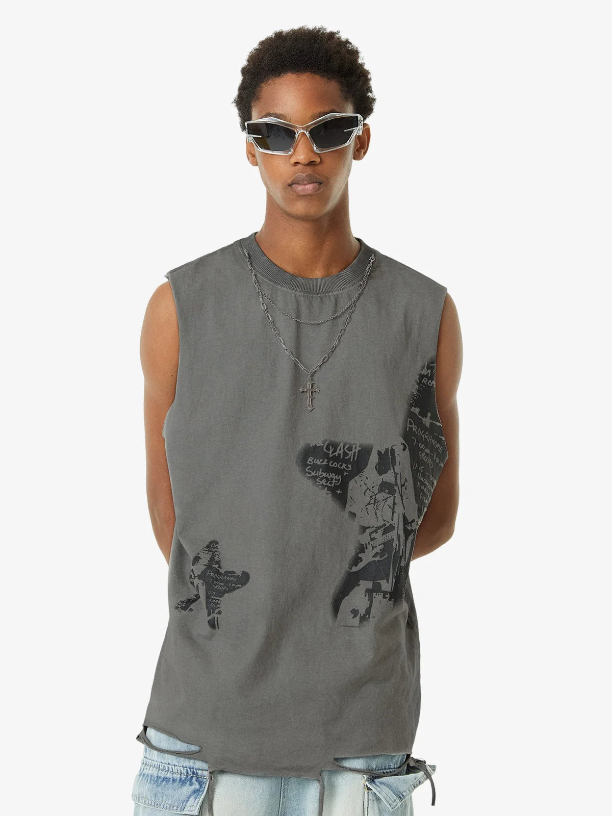 Star Print Vintage Sleeveless Tank Top-tanktop-Grimstrike