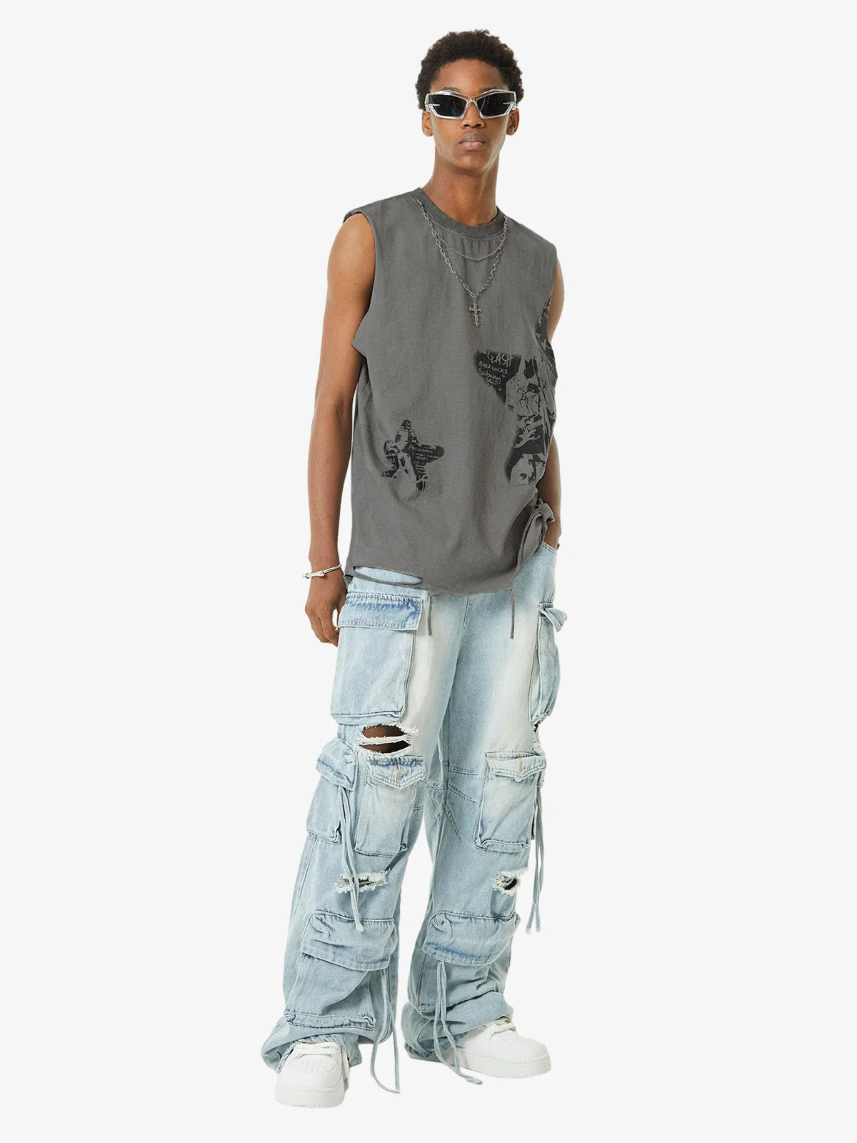 Star Print Vintage Sleeveless Tank Top-tanktop-Grimstrike
