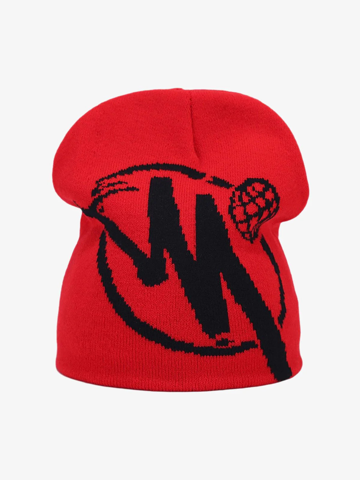 Streetwear Knit Hat featuring a bold, stylized N graphic resembling a lacrosse stick on soft knit, perfect for urban fashion enthusiasts.