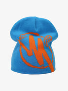 Streetwear Knit Hat featuring a bold orange M graphic, hexagon pattern, and sports stick design on a bright blue knitted winter beanie.