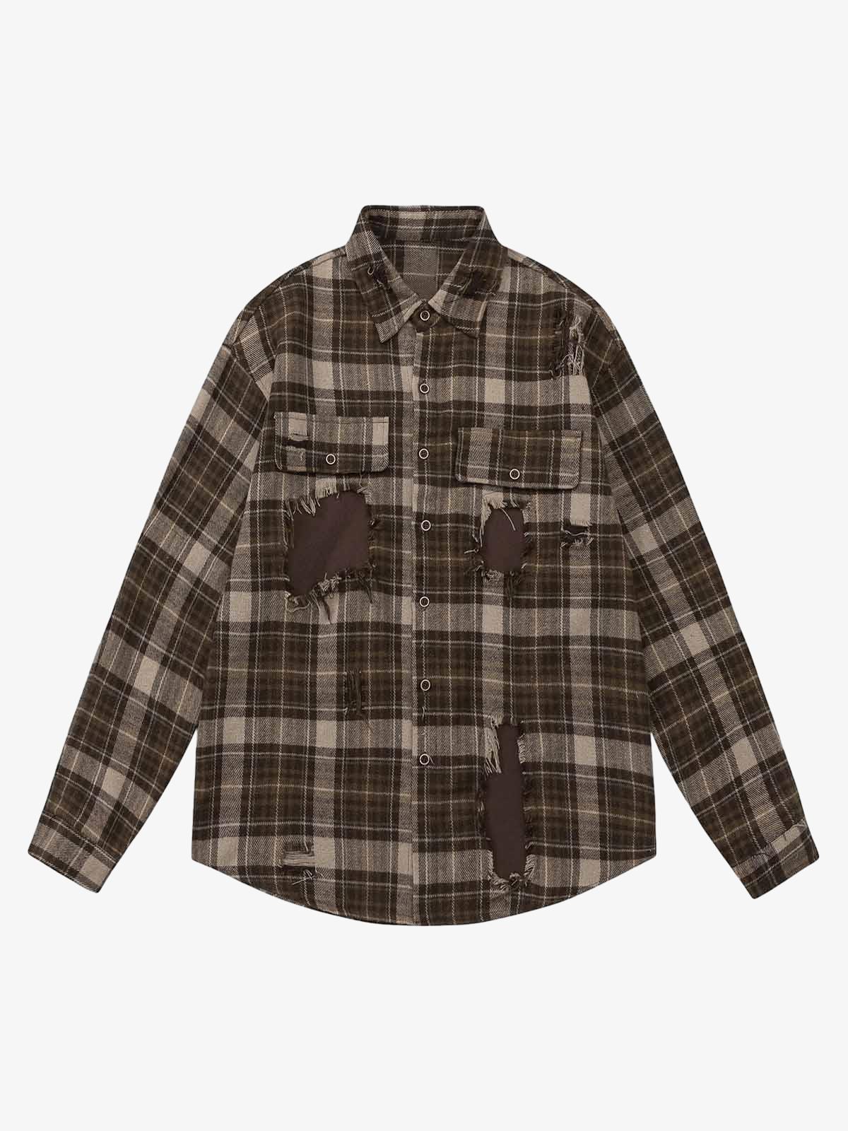 Vintage Check Patchwork Long Sleeve Shirt-Shirts-Grimstrike