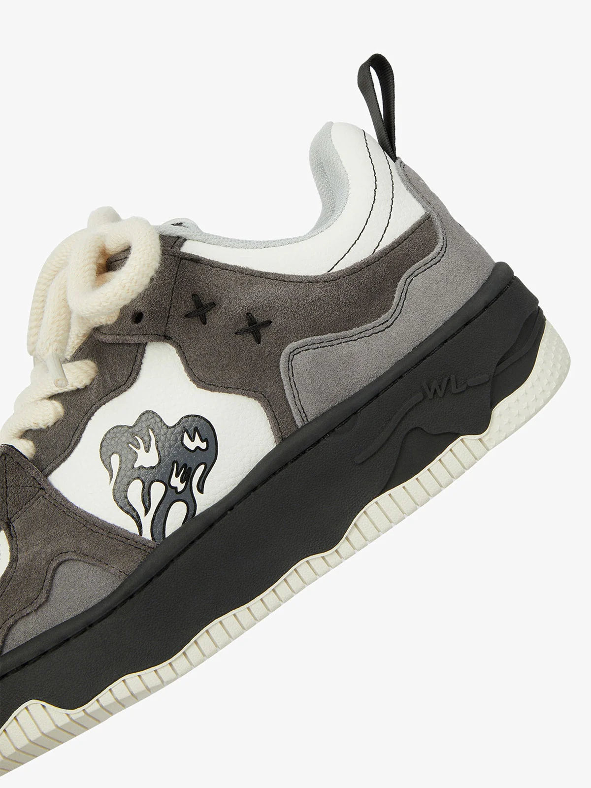 Vintage Chunky Graphic Skate Shoes with grey suede, white leather, chunky black midsole, creamy rope laces, and black drippy graphic, embodying retro skate style.