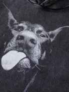 Vintage Doberman Graphic Streetwear Hoodie featuring a close-up black-and-white print of a Doberman's face with tongue out, embodying a bold, urban aesthetic.