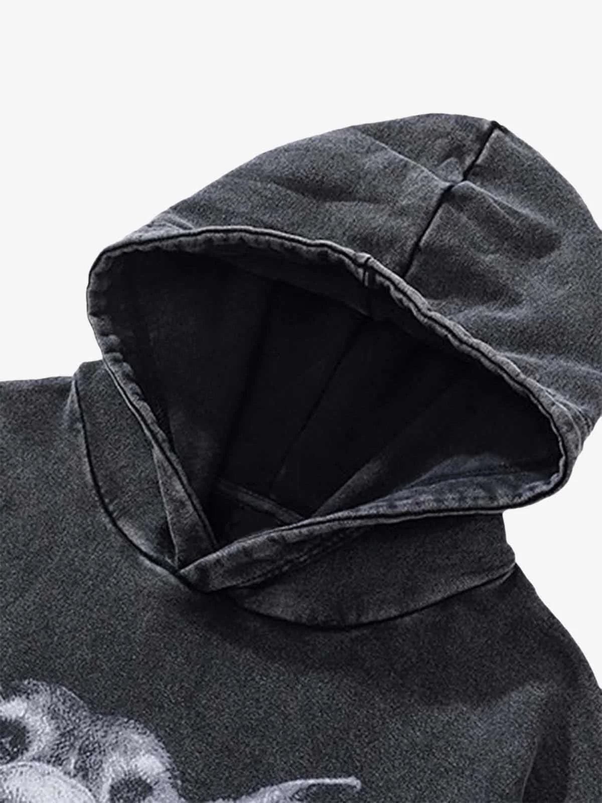 Vintage Doberman Graphic Streetwear Hoodie showcasing its hood and neckline, featuring a dark-washed finish and bold oversized Doberman graphic for a vintage urban style.