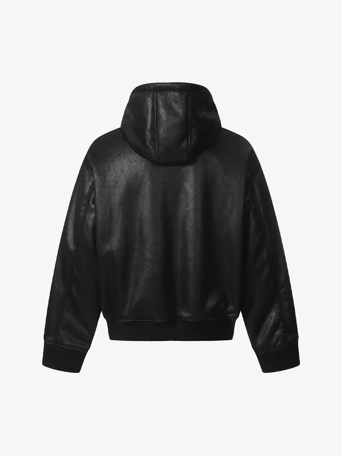 Vintage Hooded Leather-Look Street Jacket featuring a sleek black bomber style, bold leather-look finish, fitted ribbed hem and cuffs, and a simple design.
