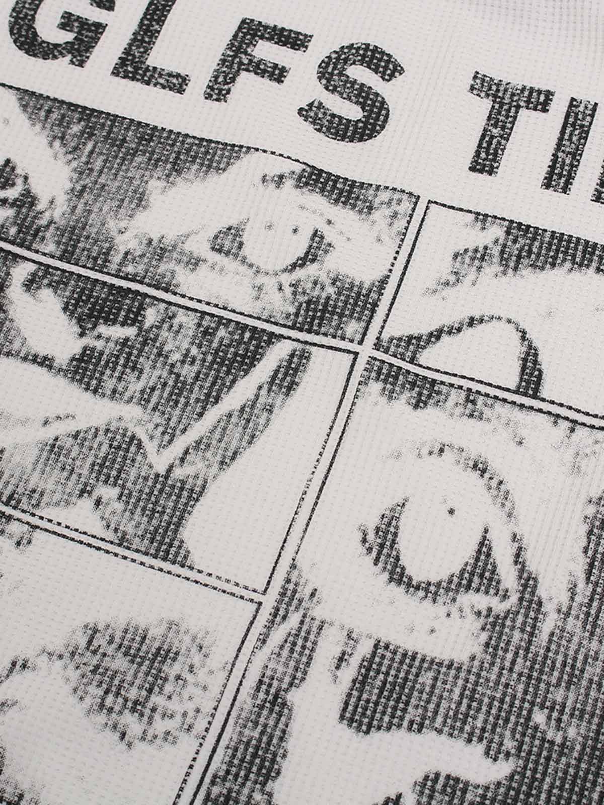 Vintage Waffle Graphic Long-Sleeve T-Shirt featuring black comic-style face details on white textured fabric, offering a retro streetwear vibe with relaxed fit.