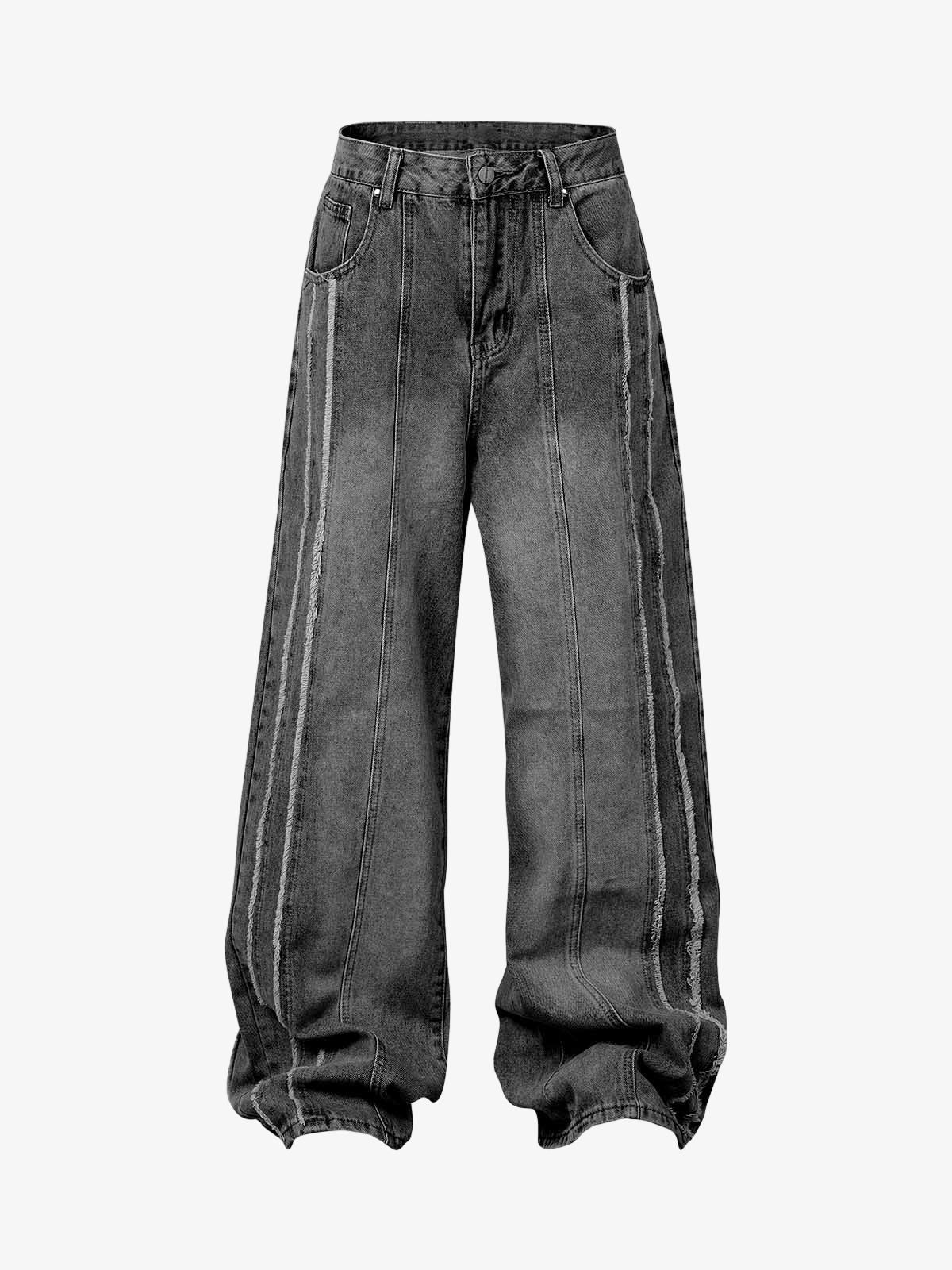 Washed Distressed Raw-Edge Baggy Jeans with high waist, wide-leg design, visible seams, balloon hem, and raw-edge details for a bold, oversized streetwear look.