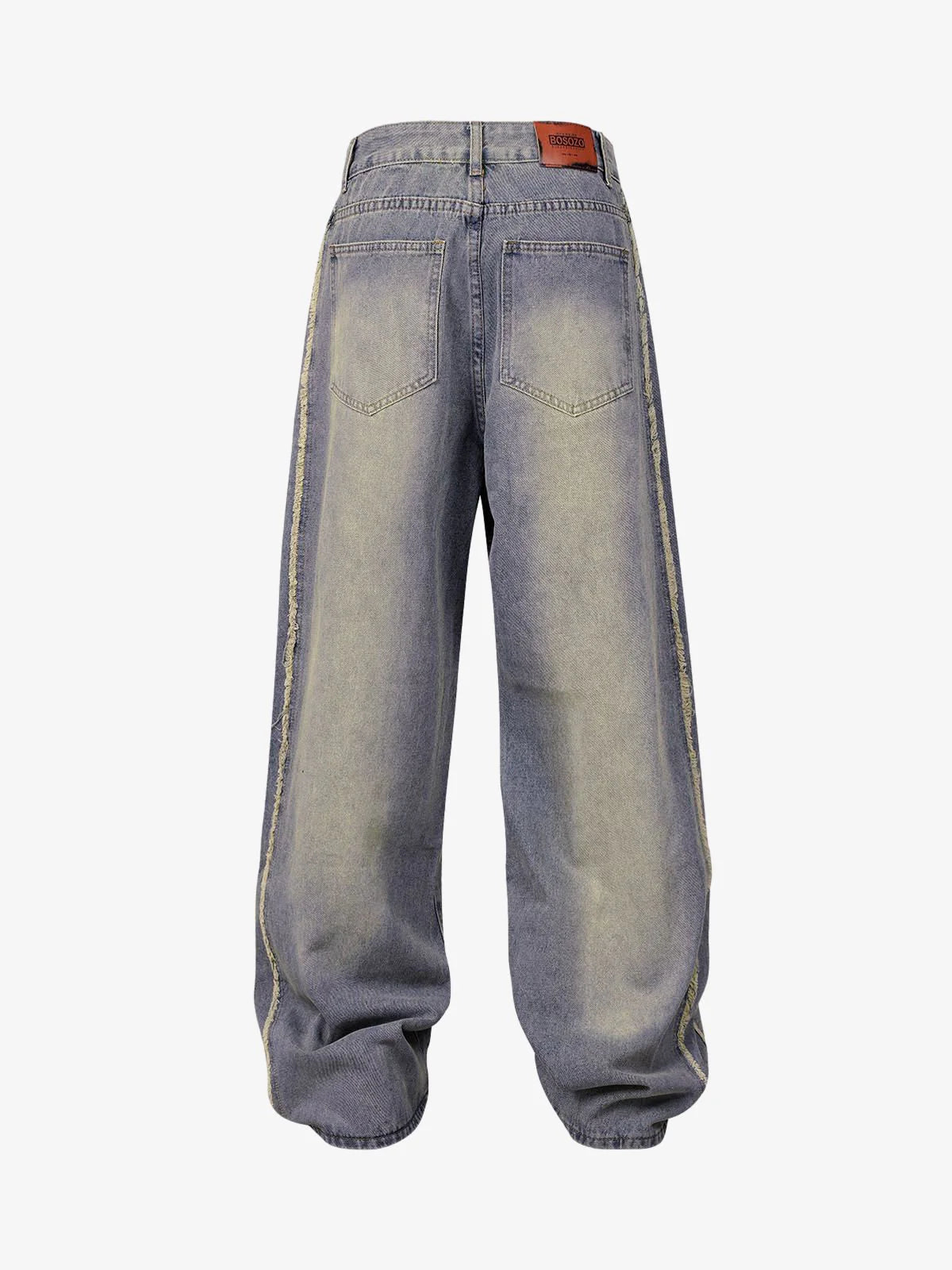 Washed Distressed Raw-Edge Baggy Jeans with oversized, wide-leg fit, back patch pockets, and frayed side seams, embodying Y2K and grunge-inspired streetwear style.