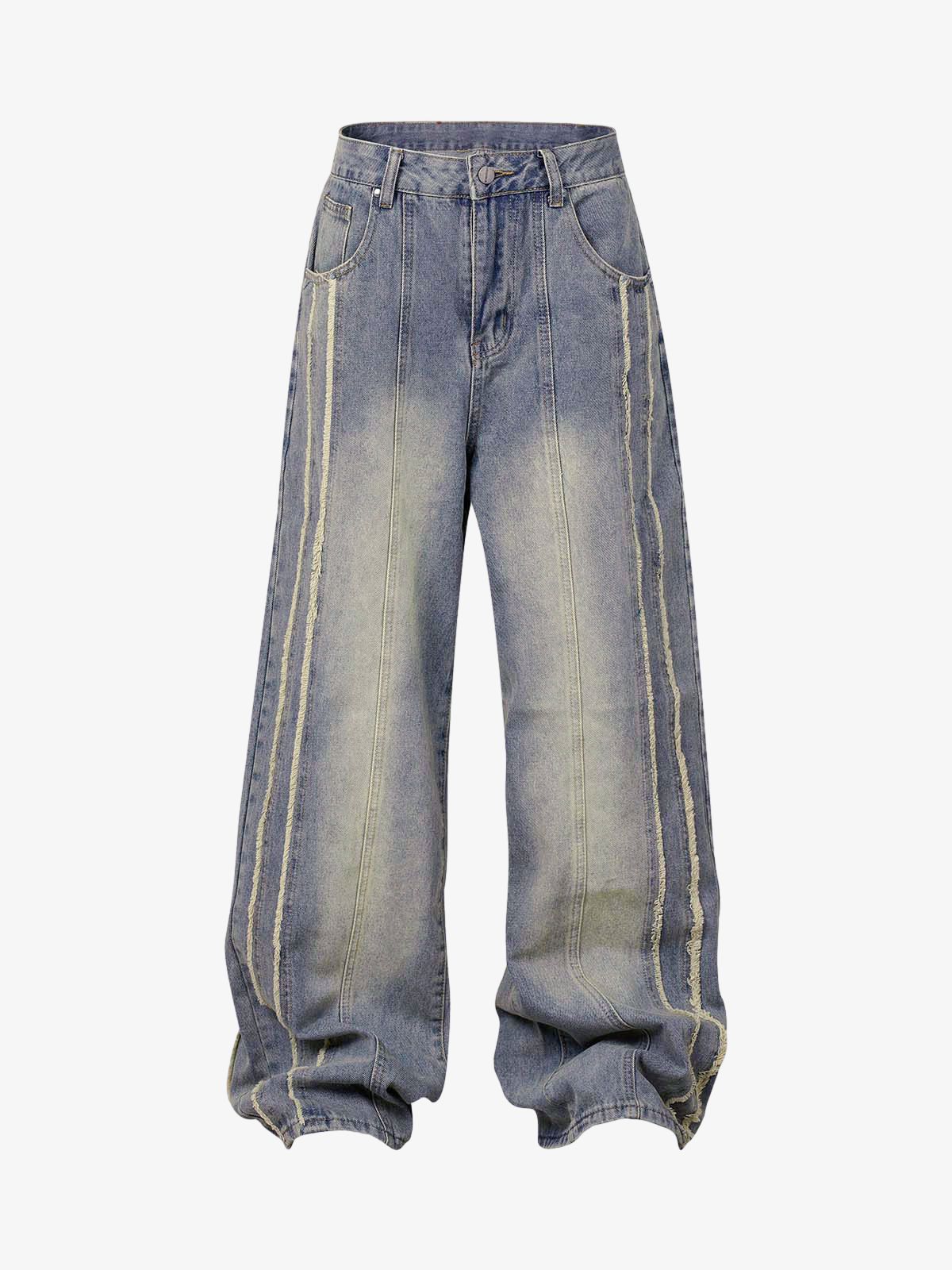 Washed Distressed Raw-Edge Baggy Jeans with wide-leg, vertical seam detailing, five-pocket styling, and slouchy silhouette, embodying a Y2K, grunge-inspired streetwear look.