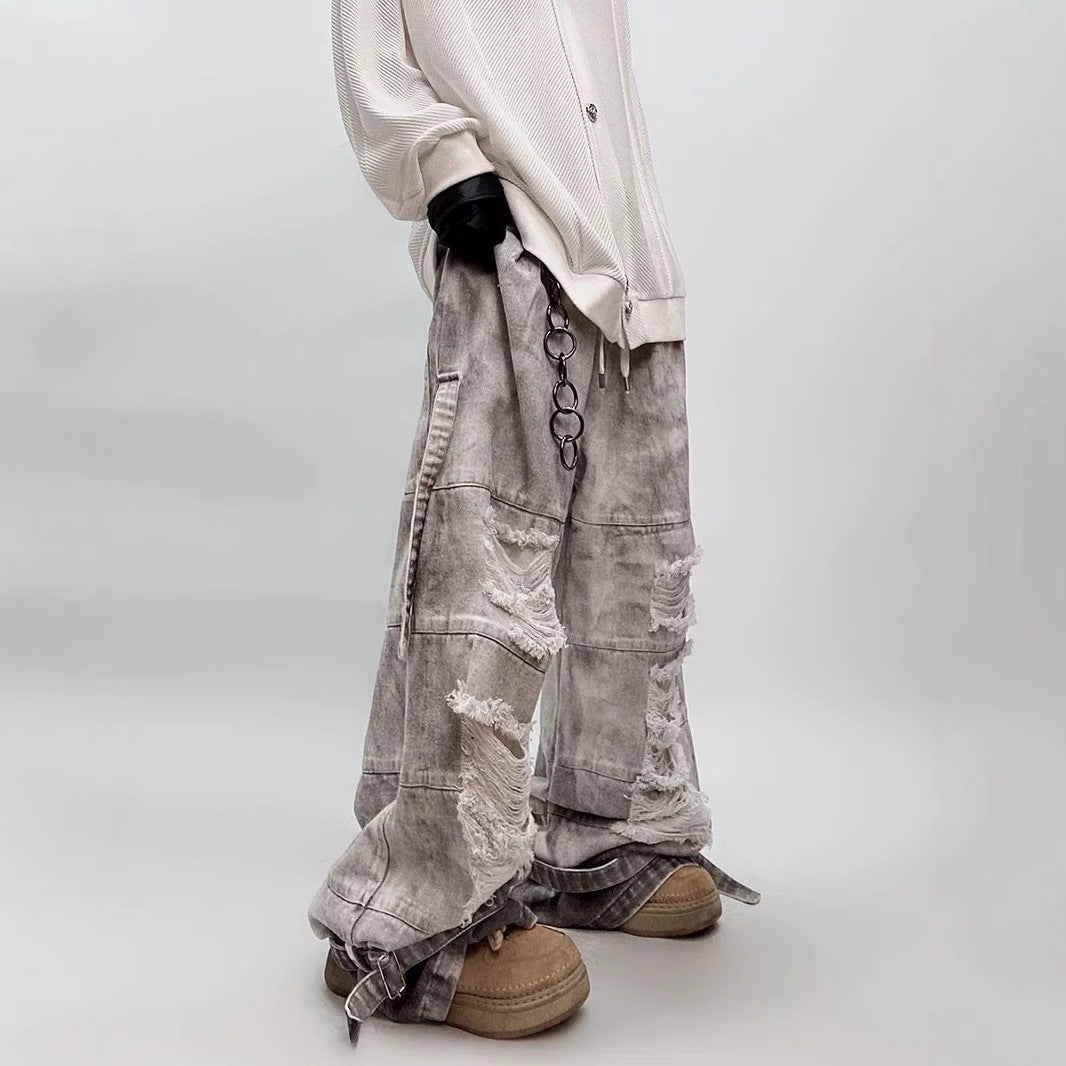 Washed Distressed Wide-Leg Jeans-Jeans-Grimstrike