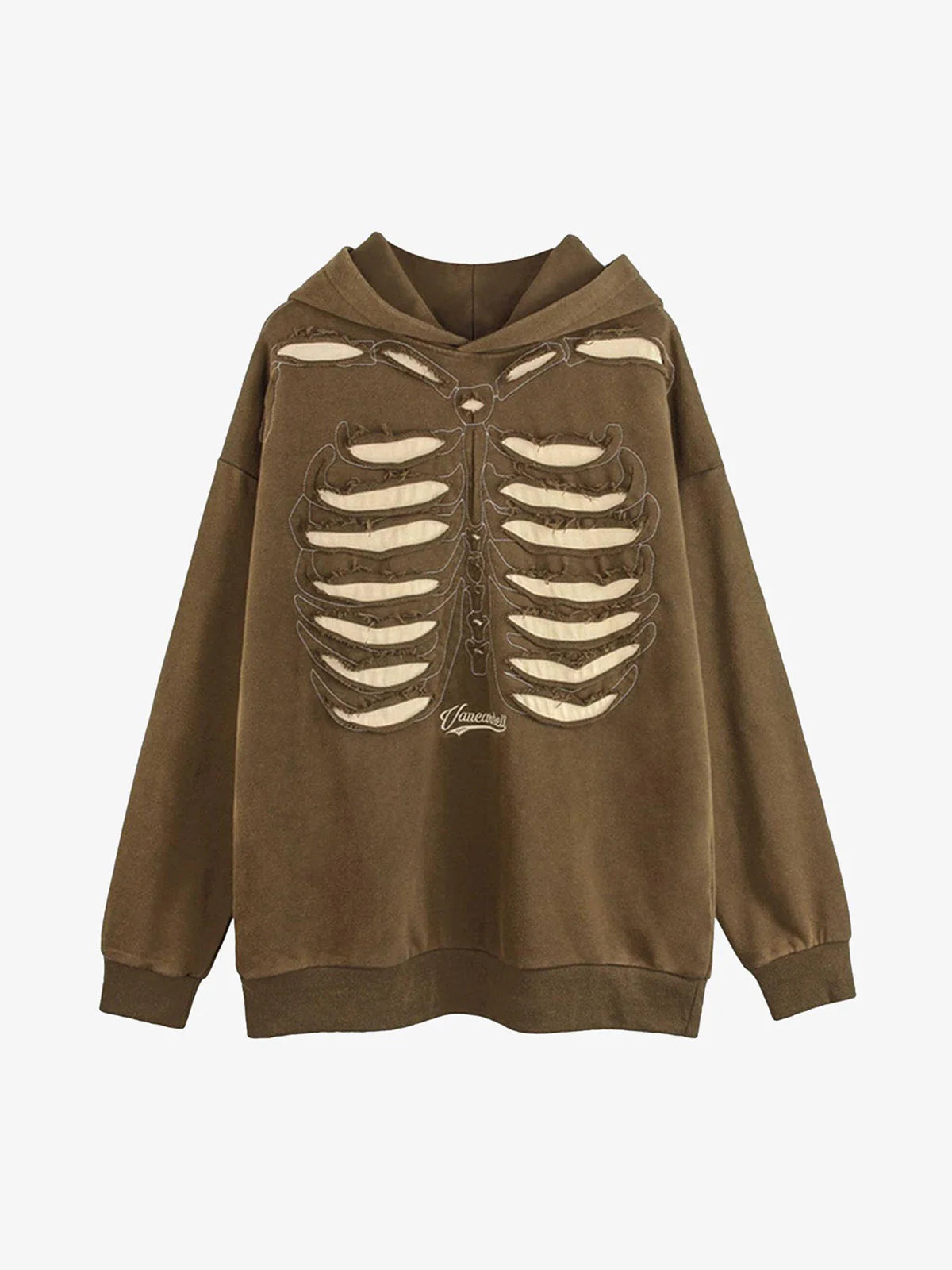 Washed Skeleton Graphic Streetwear Hoodie with an oversized fit, featuring a cutout ribcage motif, ribbed cuffs, and a scripted logo below the design.