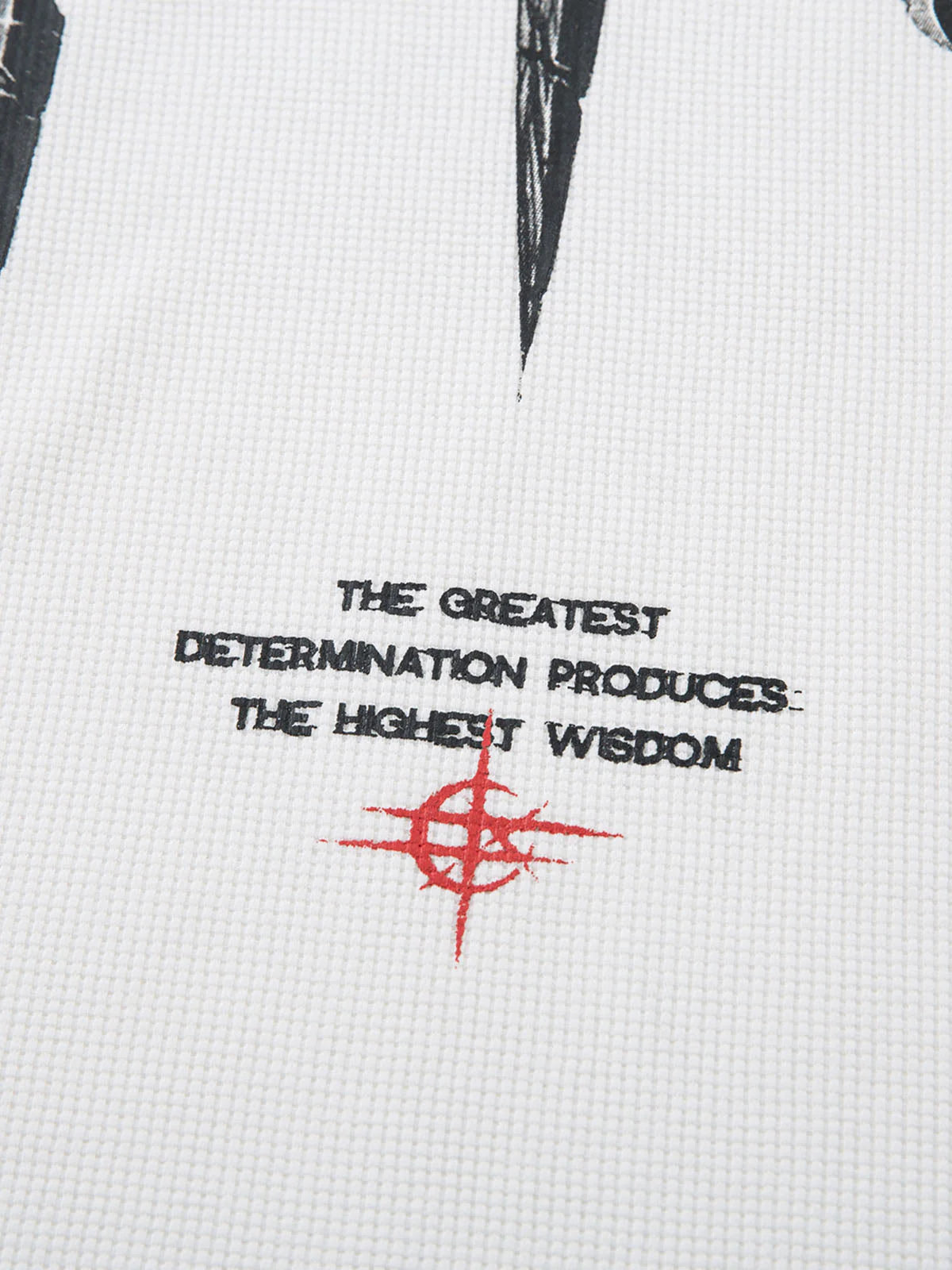 White Waffle Cross Graphic Long Sleeve T-Shirt featuring black motto print, red compass emblem, and textured waffle-knit fabric, blending grunge attitude with streetwear style.