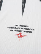 White Waffle Cross Graphic Long Sleeve T-Shirt featuring black motto print, red compass emblem, and textured waffle-knit fabric, blending grunge attitude with streetwear style.