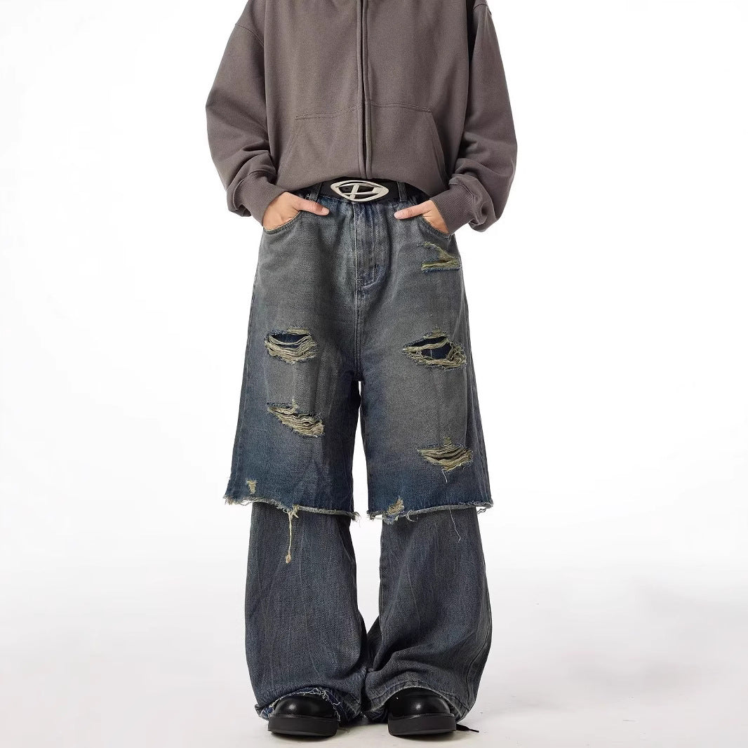 Wide-Leg Distressed Cargo Jeans-Jeans-Grimstrike