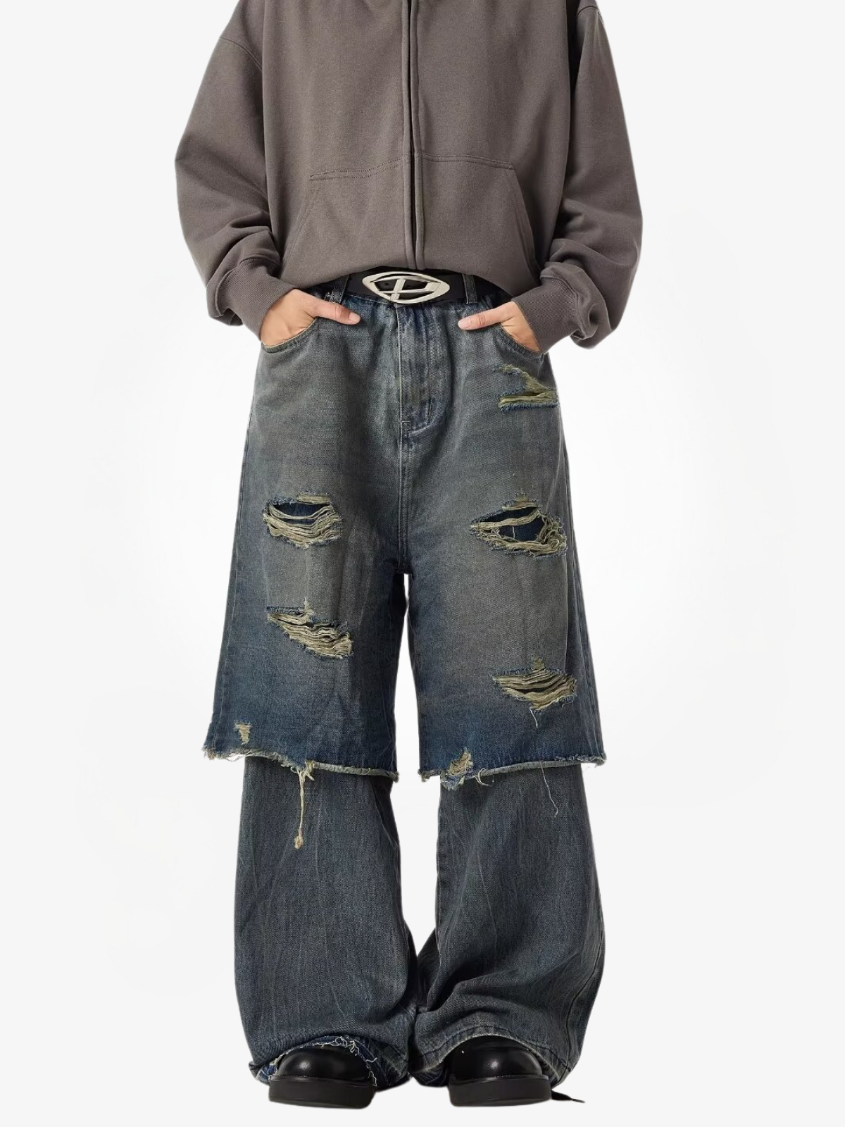 Wide-Leg Distressed Cargo Jeans-Jeans-Grimstrike
