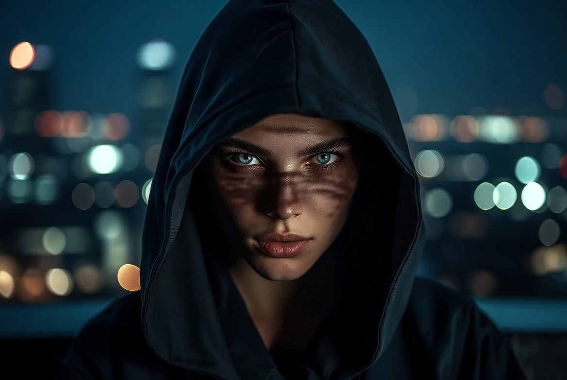 Person wearing a dark hood with a cityscape in the background